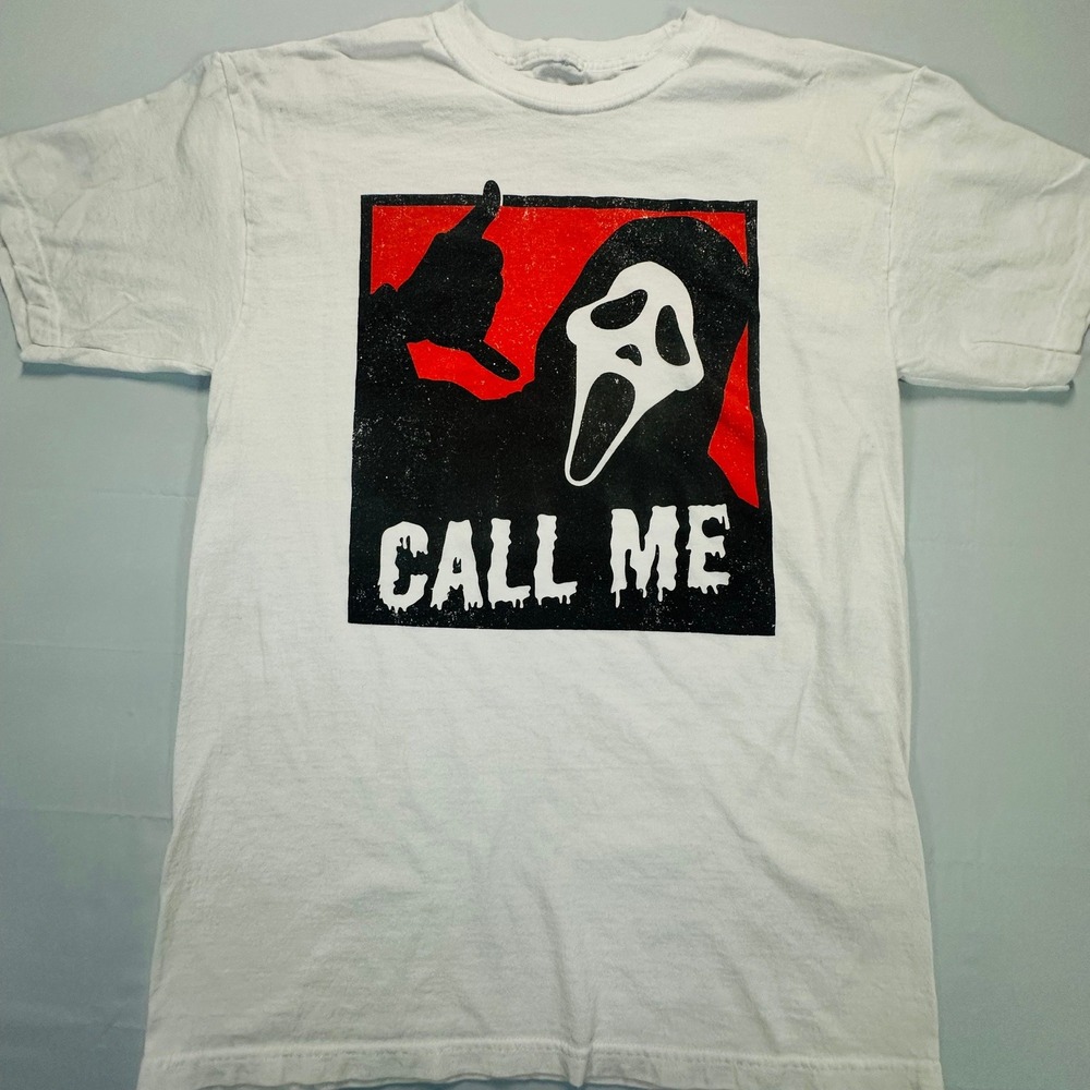 Ghost Face Scream Call Me Graphic T Shirt White Medium Bioworld Horror Movie Tee